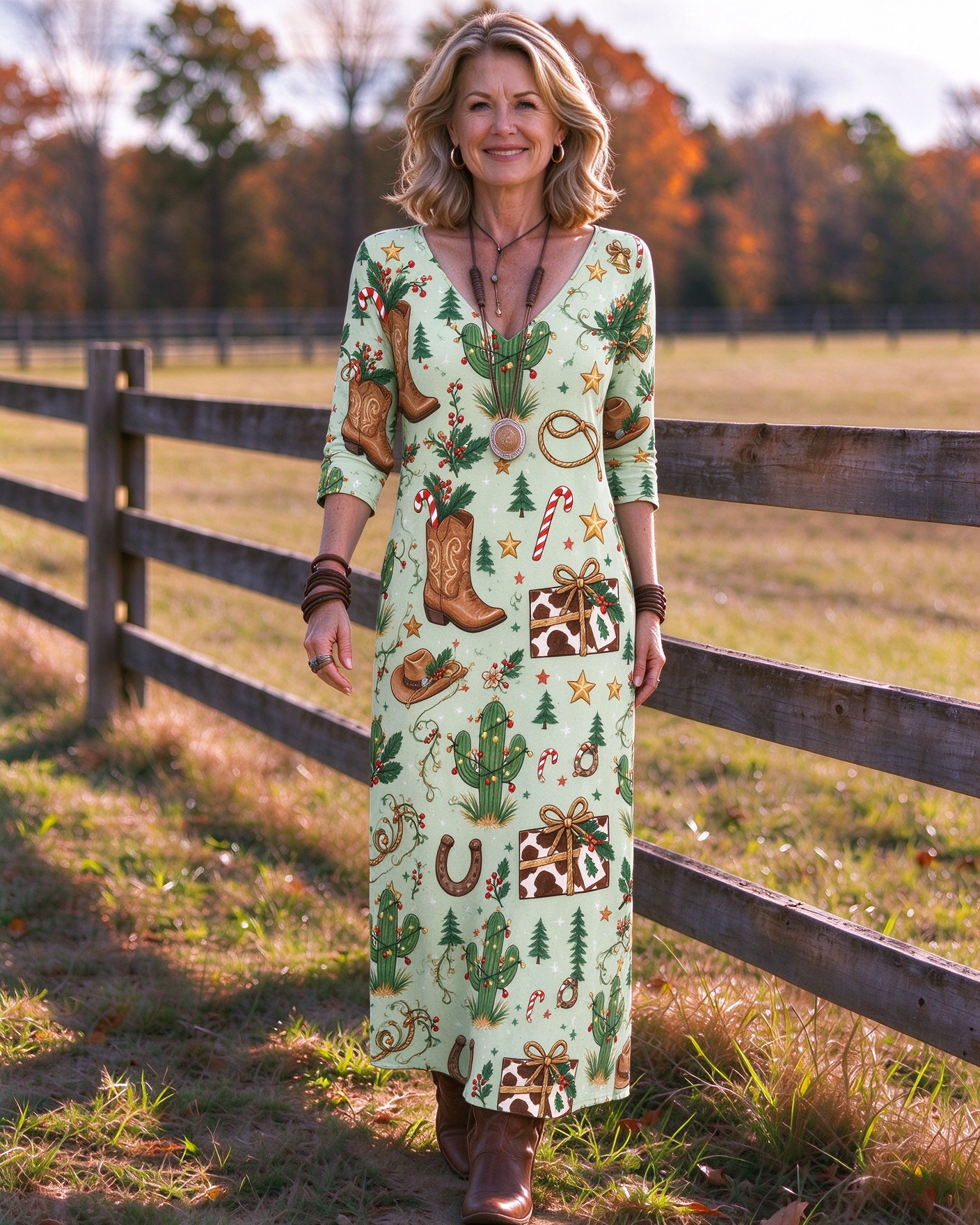 Western Christmas Cactus Cowboy Boots Gift Box with Holiday Print V-Neck Long Dress