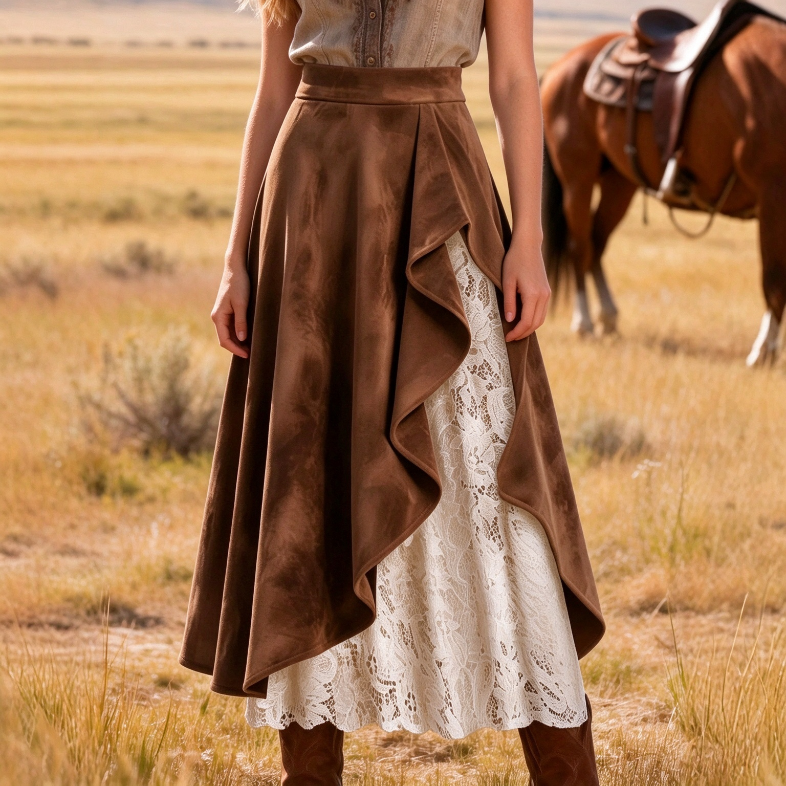 Western Ruffle Overlay Lace Lined Asymmetrical Midi Skirt
