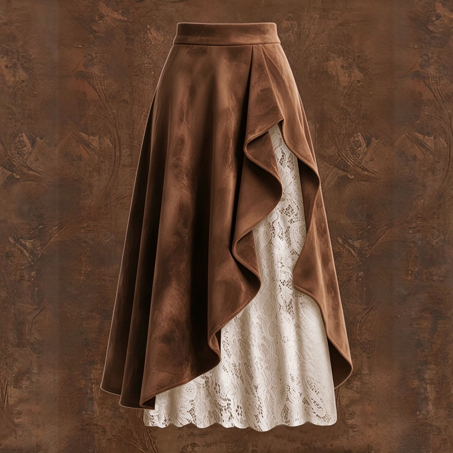 Western Ruffle Overlay Lace Lined Asymmetrical Midi Skirt