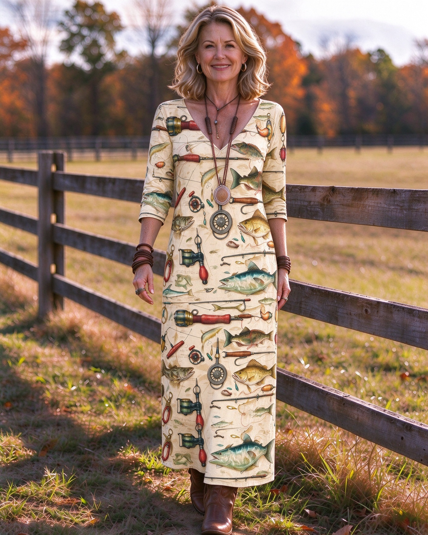 Bass fishing rod, reel, fishing gear Western V-Neck Printed Dress | Allover Print