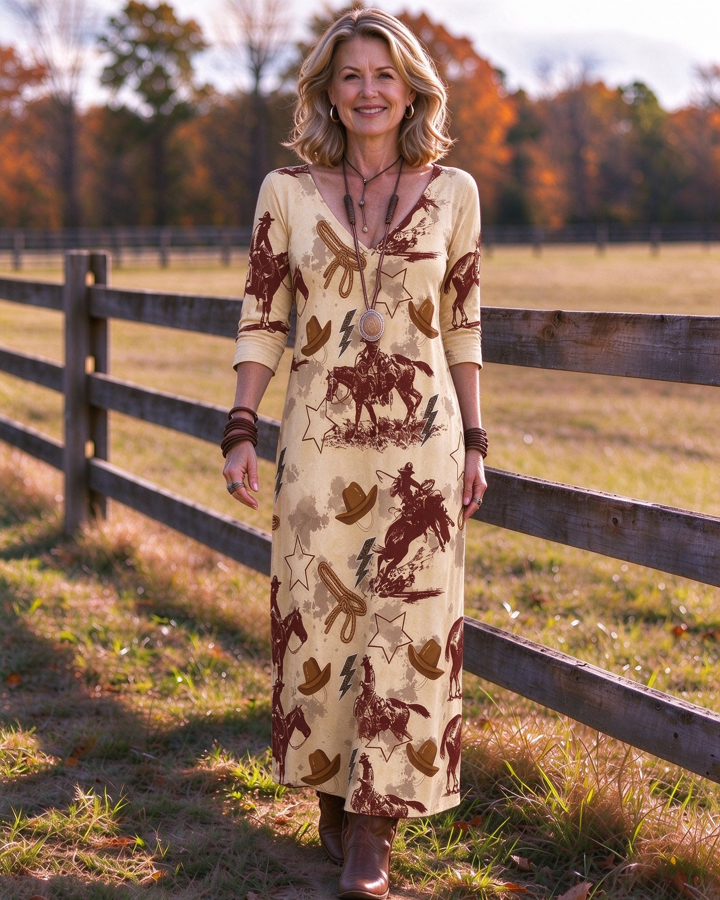 Vintage Cowboy Horse Silhouette & Cowboy Hat Lasso All Over Western V-Neck Printed Dress | Allover Print