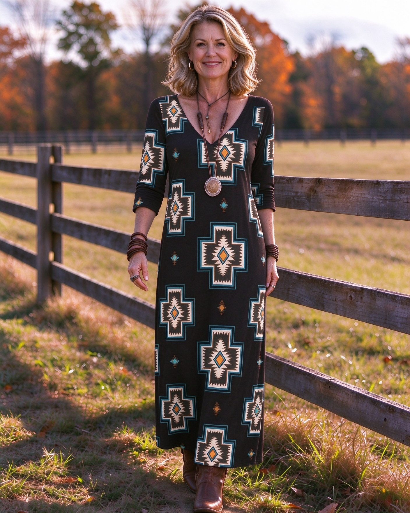 Cross geometry Western V-Neck Printed Dress | Allover Print