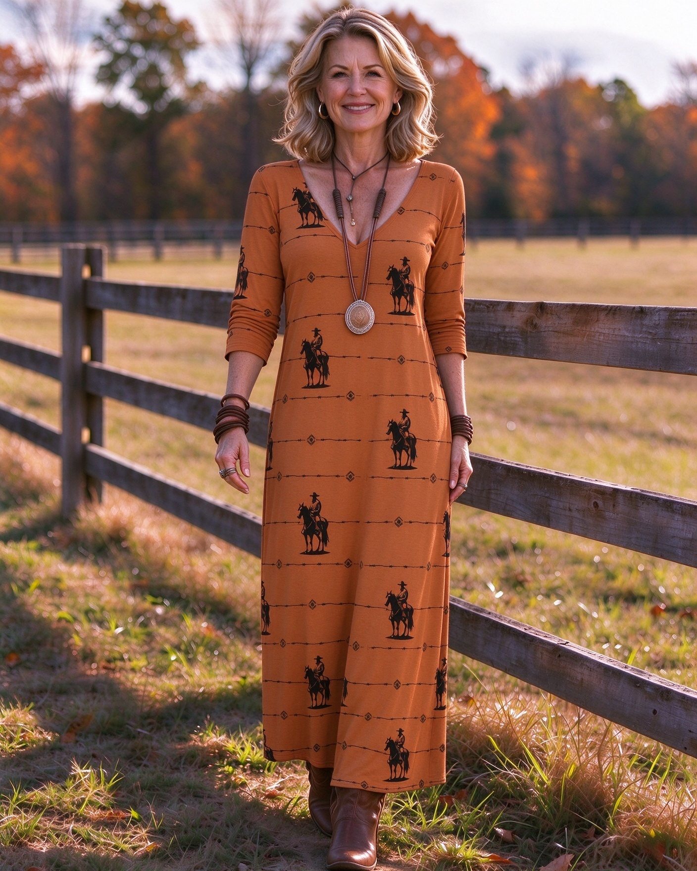 Barbed wire horse cowboy Western V-Neck Printed Dress | Allover Print