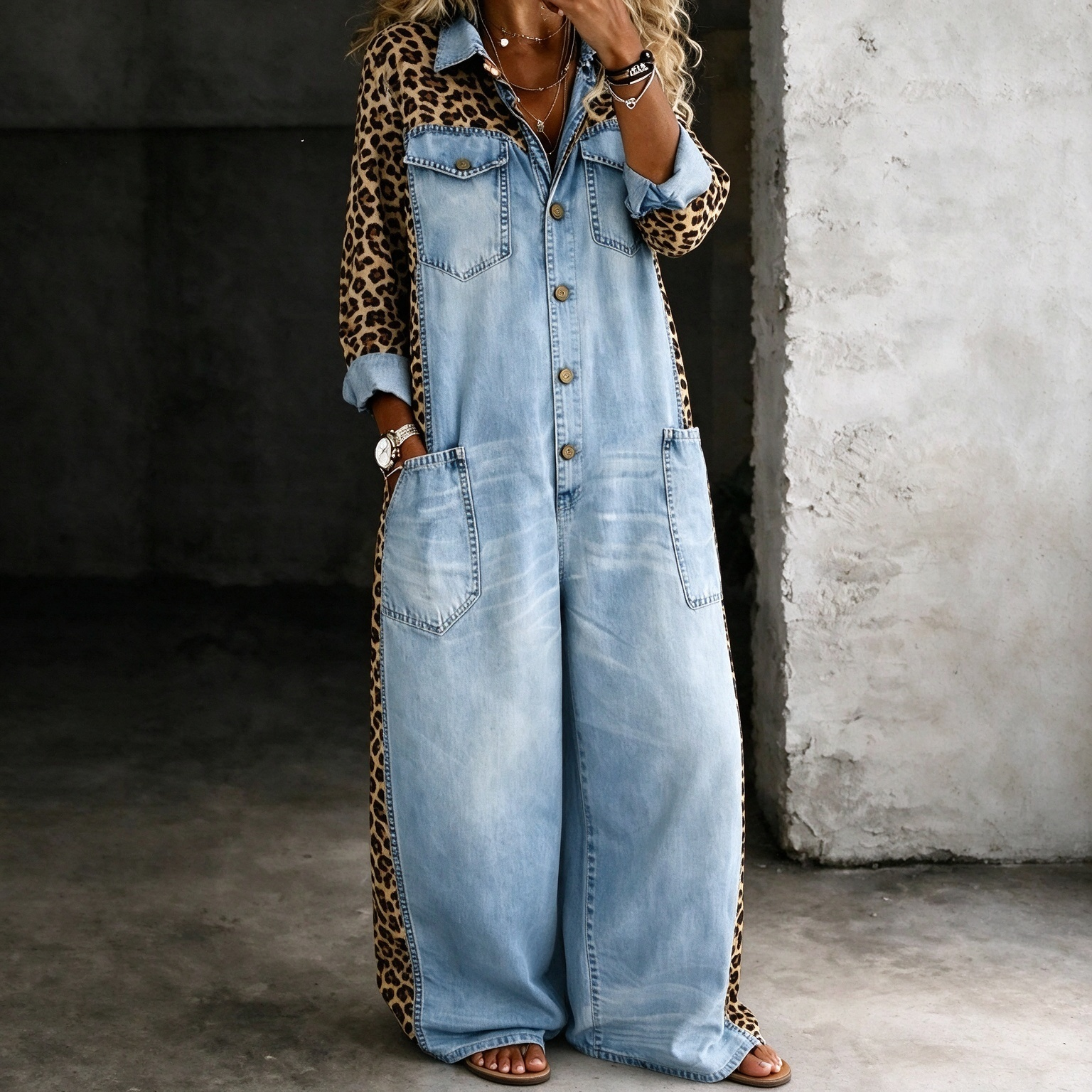 Western Leopard Spliced Denim Wide Leg Button Down Jumpsuit