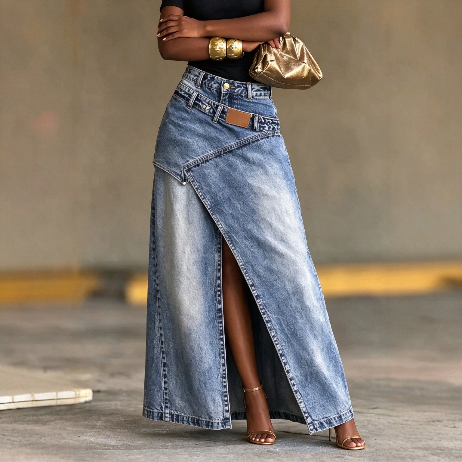 High Waist Irregular Wrap Split Denim Maxi Skirt with Faux Belt