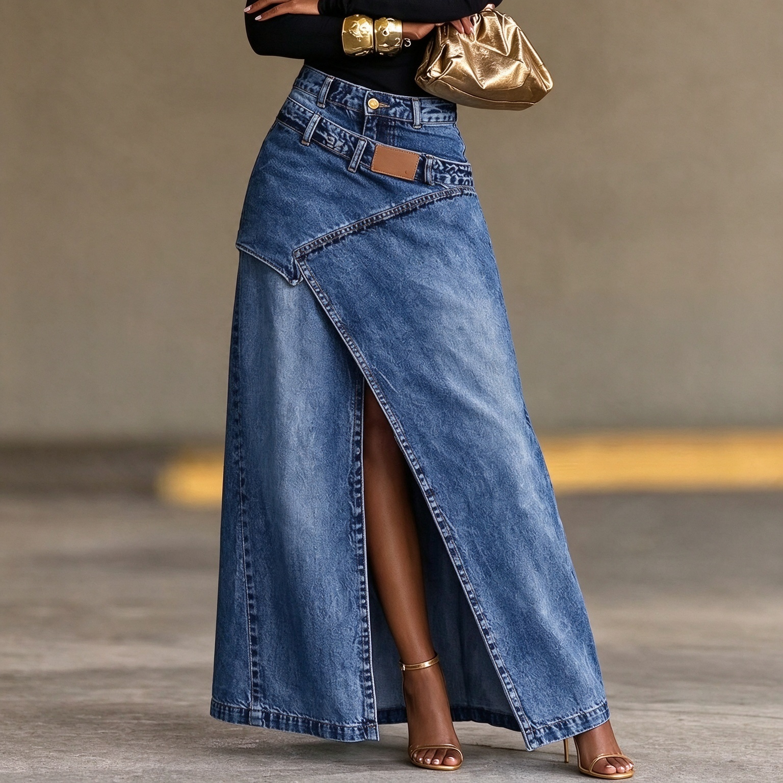 High Waist Irregular Wrap Split Denim Maxi Skirt with Faux Belt