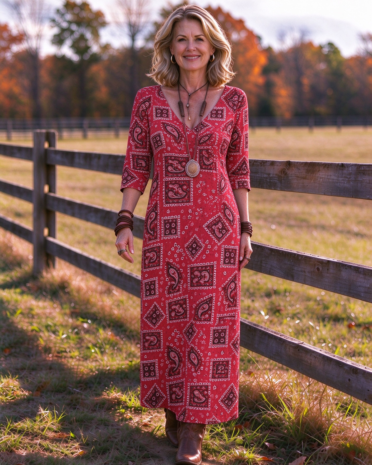 Western-style paisley print V-neck long dress