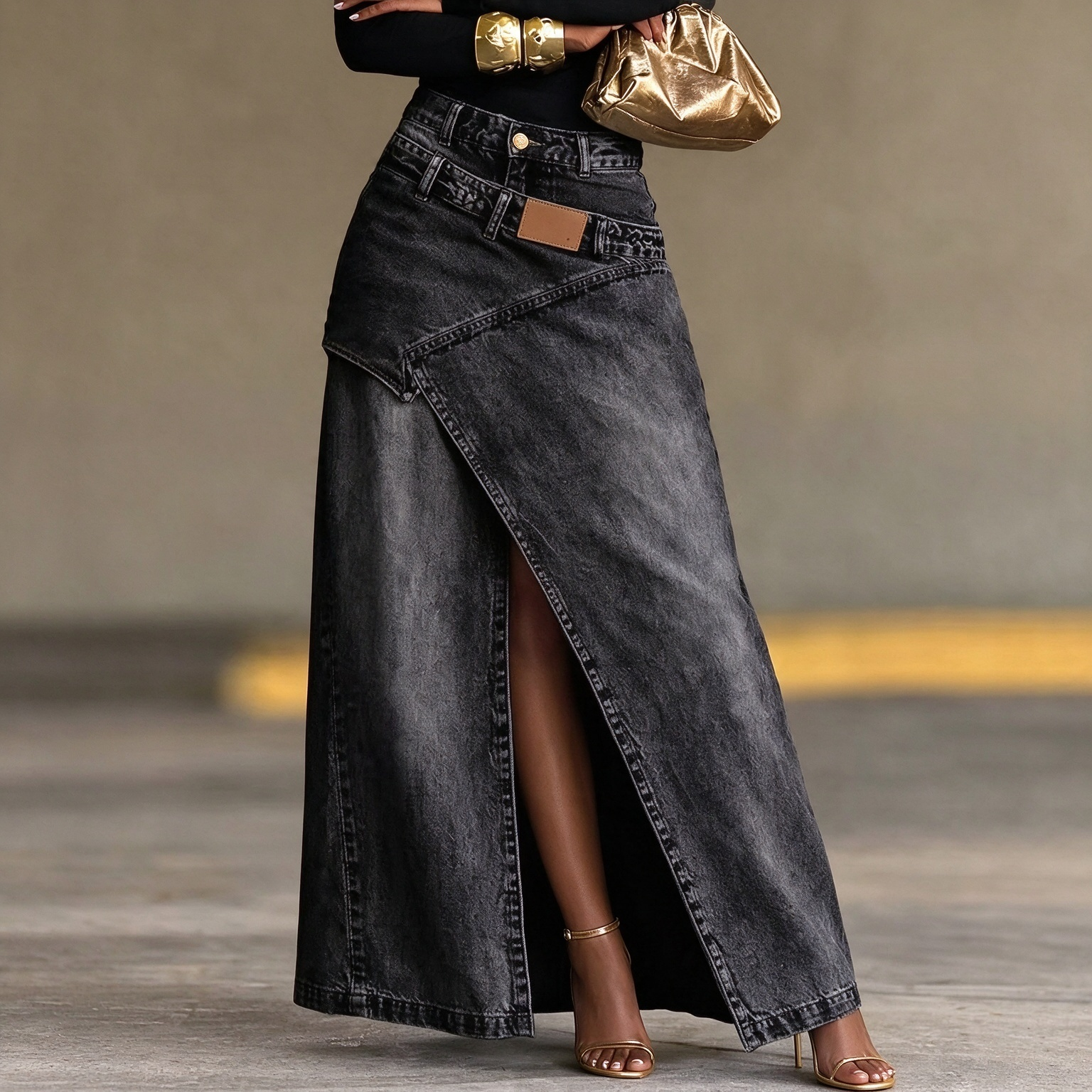 High Waist Irregular Wrap Split Denim Maxi Skirt with Faux Belt