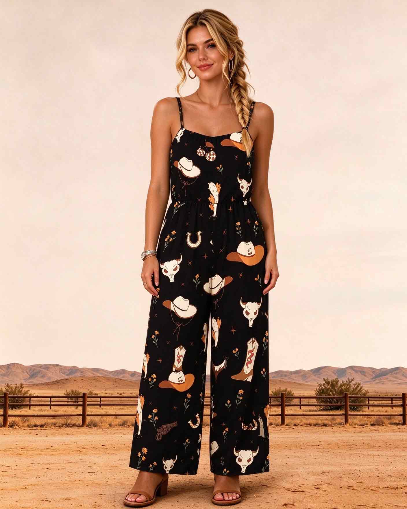 Spaghetti Strap Wide Leg Western Cowboy Print Women's Jumpsuit