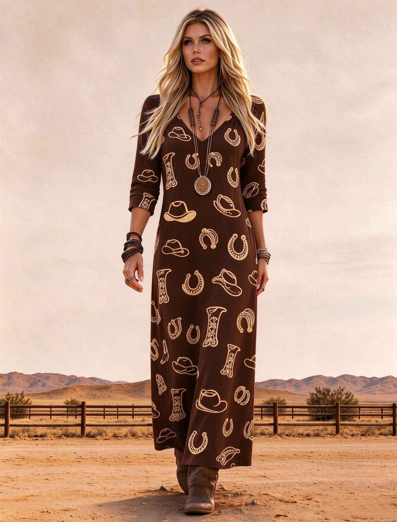 Horseshoe & Hat V-Neck Three-Quarter Sleeve Dress