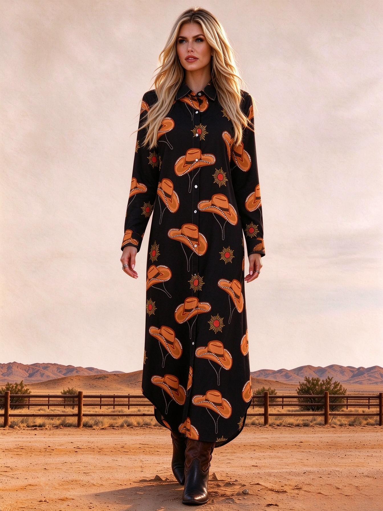 Western Cowboy Hat Sunflower Print Button-Down Maxi Dress