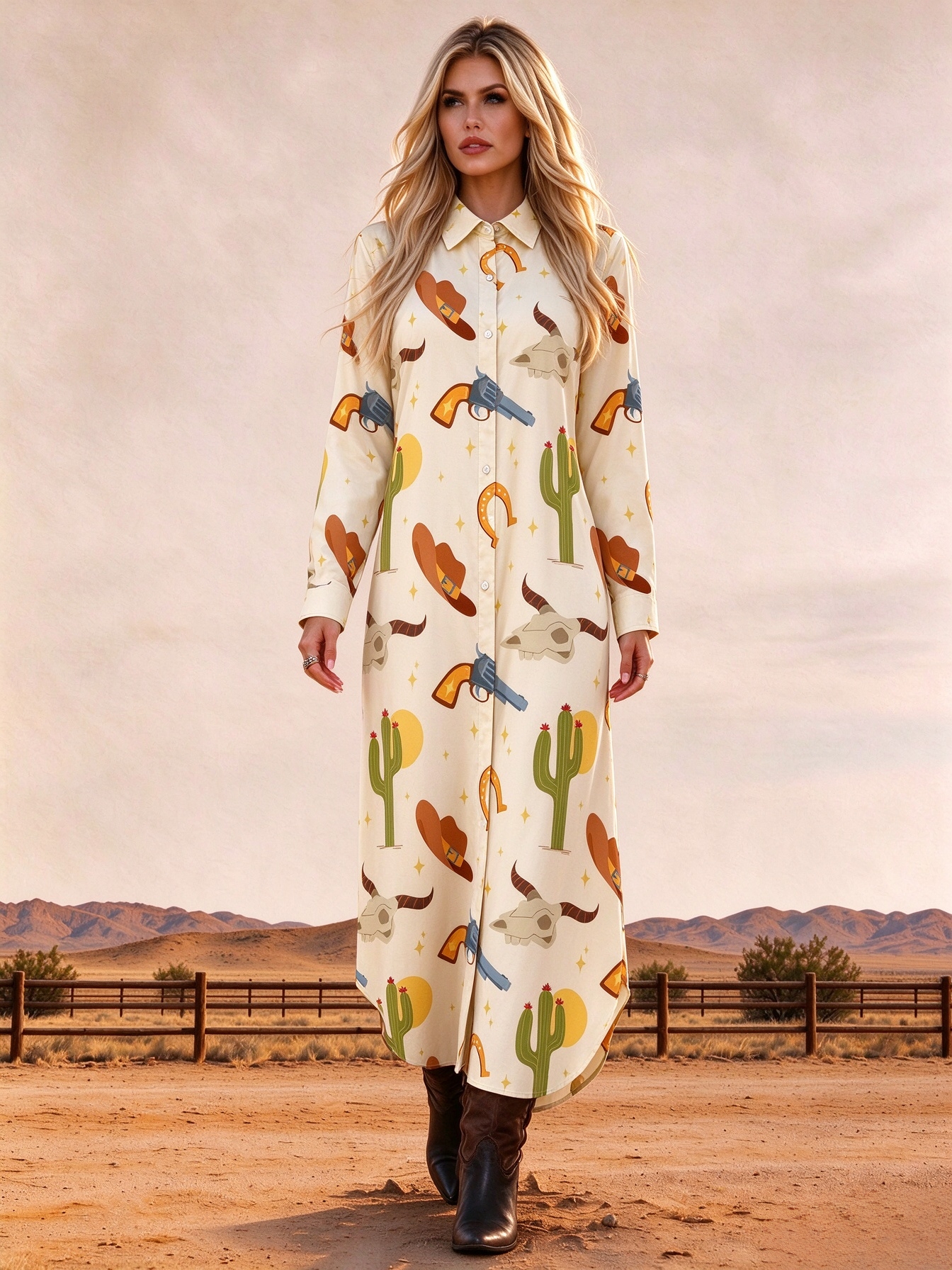 Cream Western Cowboy Desert Cactus Horseshoe Print Button-Down Maxi Dress