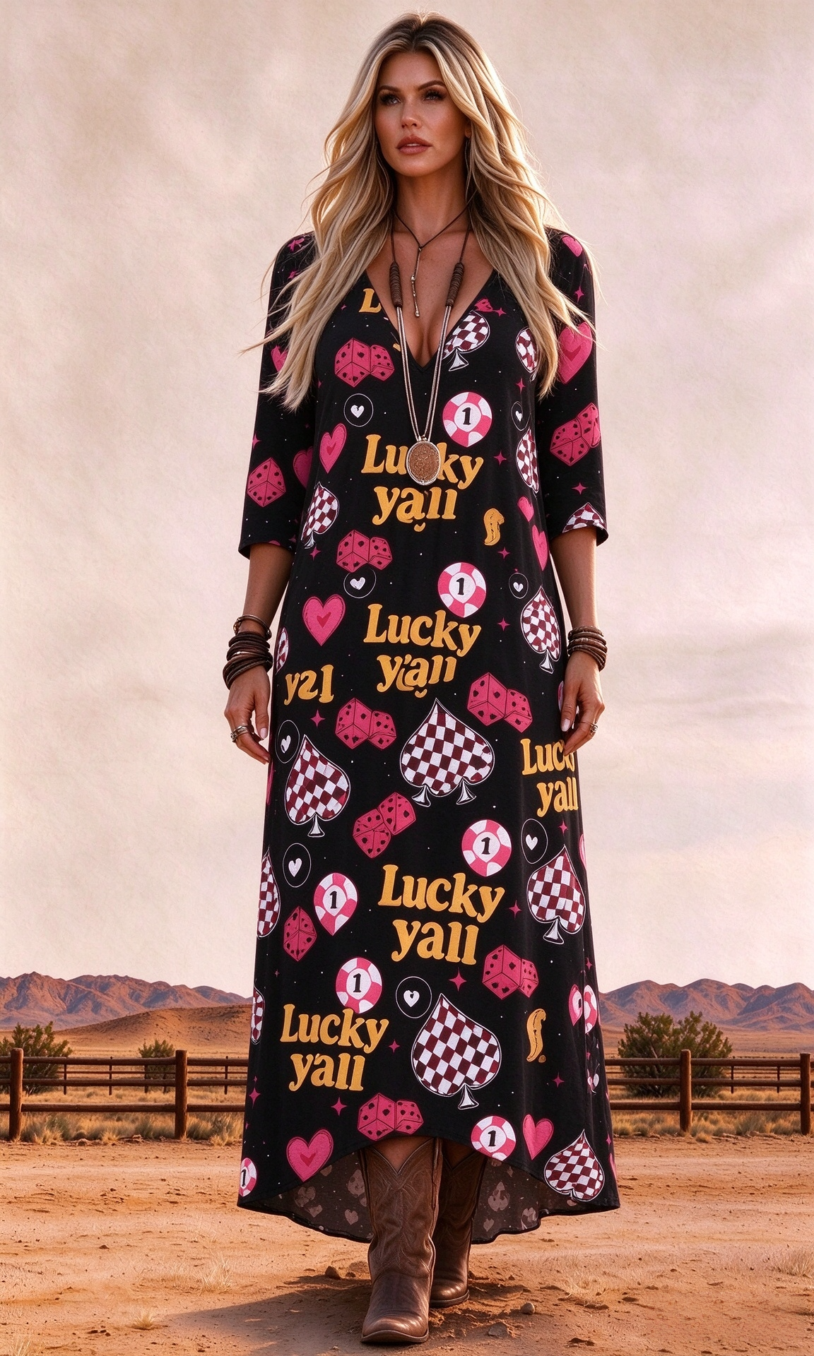 Retro Western Lucky Yall Poker Heart Print V-neck Three-quarter sleeve maxi dress