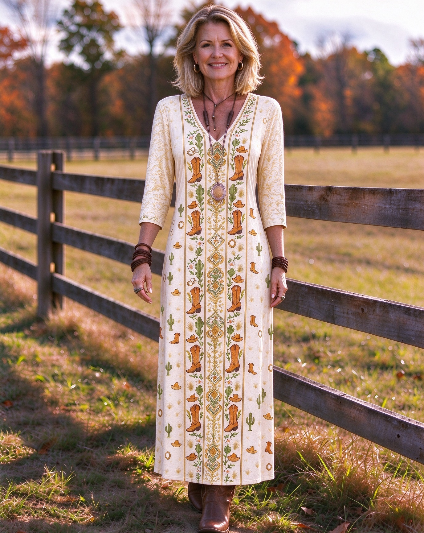 Southwestern Aztec Cowboy Boot Cactus Medallion V-neck high-low hem long dress