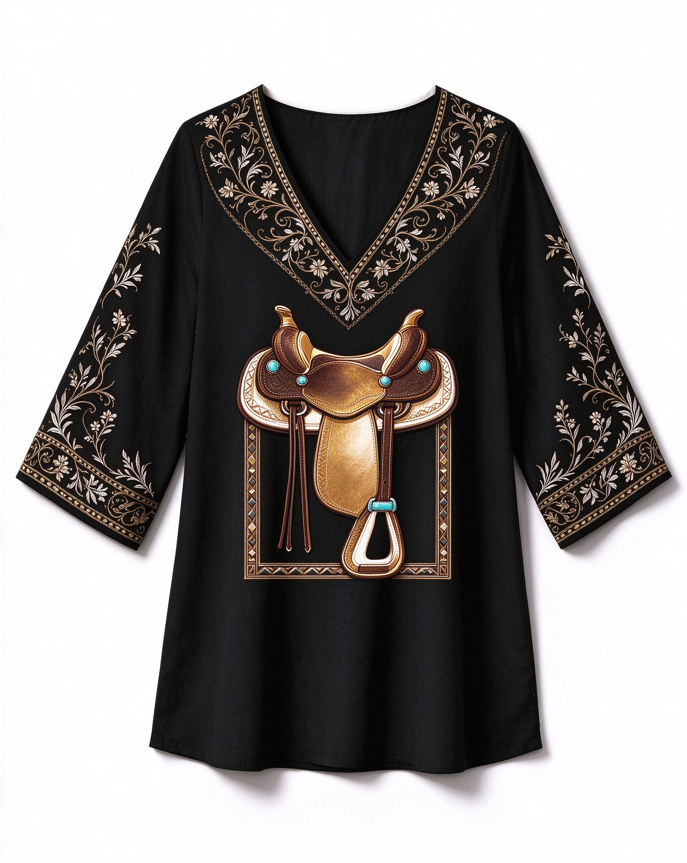Western Saddle print V-neck Western-style long top