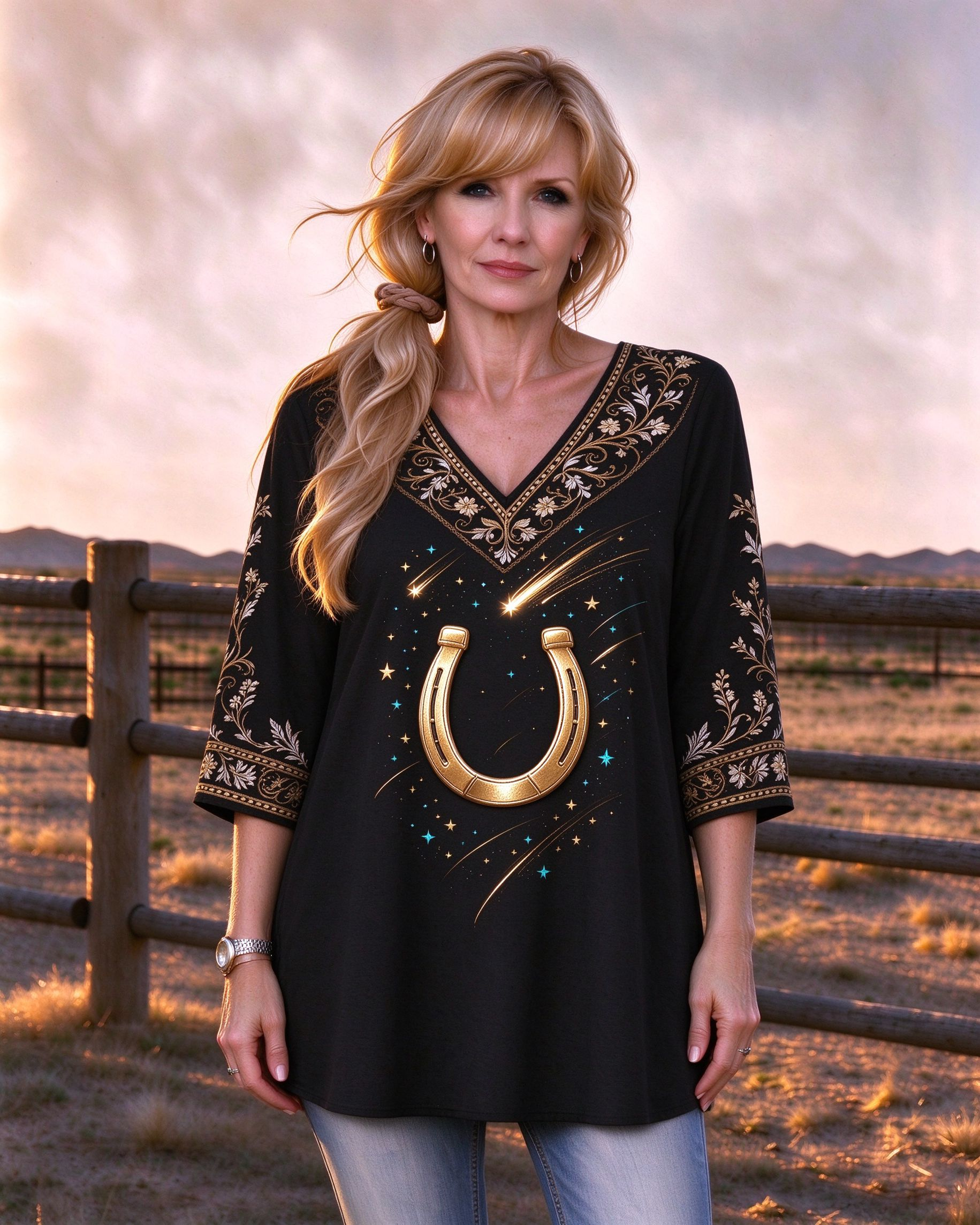 Horseshoe Embroidered Tunic  Celestial Western Boho Gold Star  print V-neck Western-style long top
