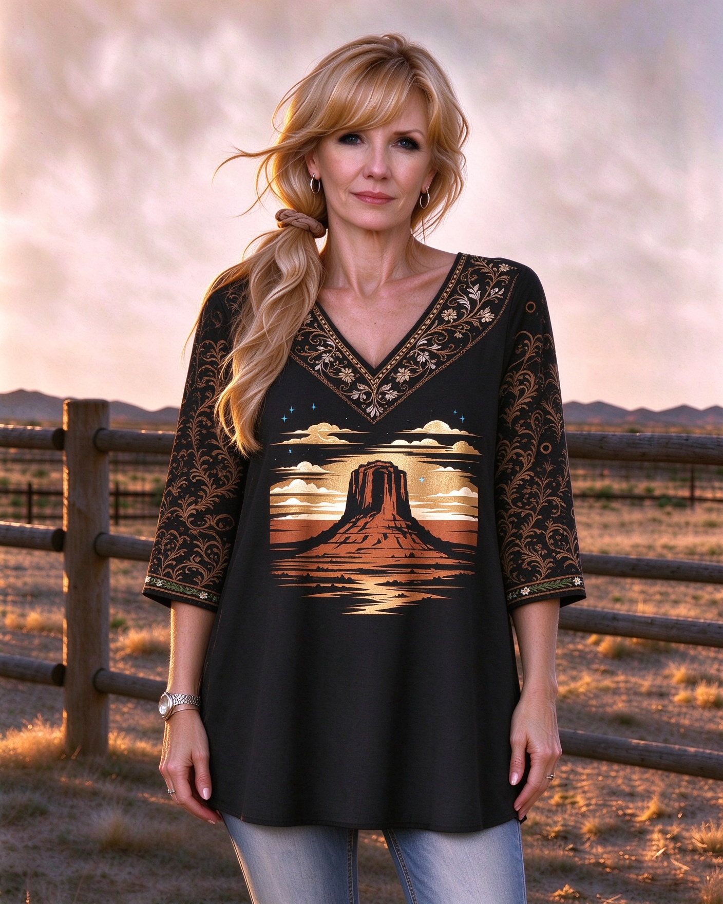 Desert and mountain landscape print V-neck long top