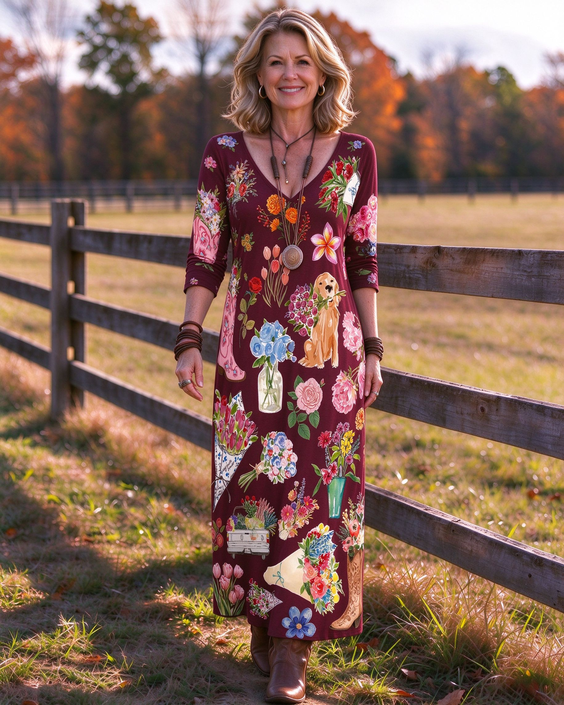 Rustic Farmhouse Golden Retriever & Flower Truck Print V-neck Maxi Dress