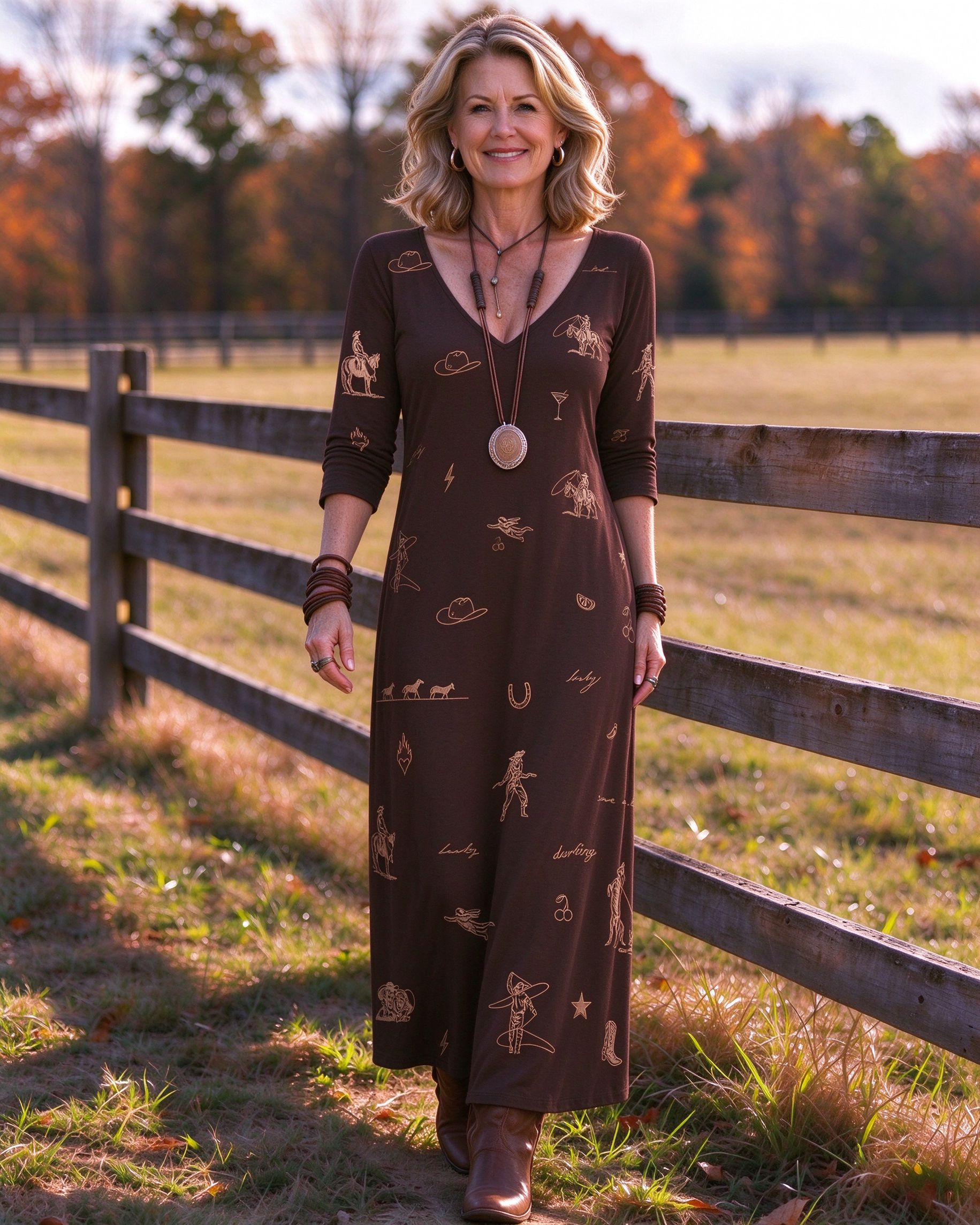 Vintage Minimalist Western Line Art Print V-neck Maxi Dress
