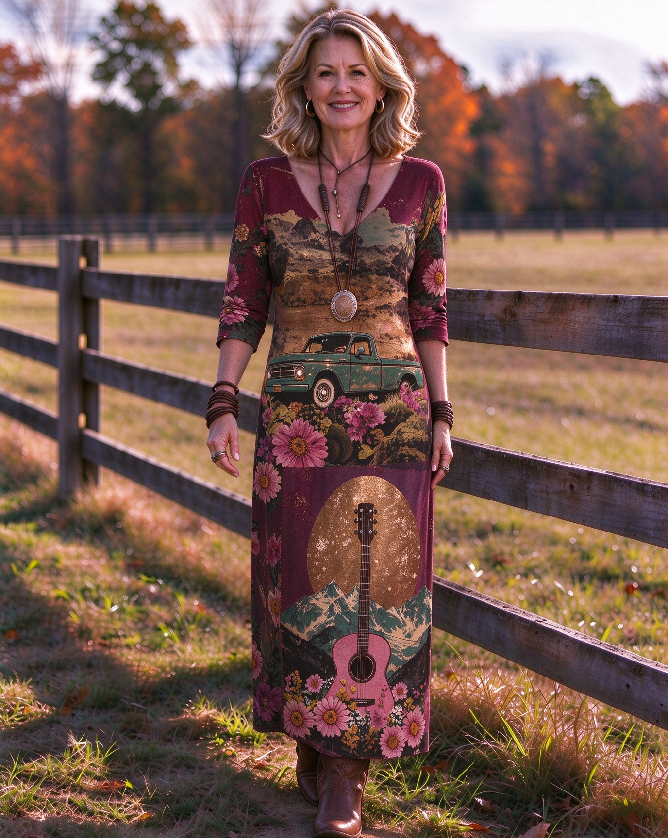 Retro Truck Guitar Mountain Wildflower Scenic Western V-Neck Printed Dress | Allover Print