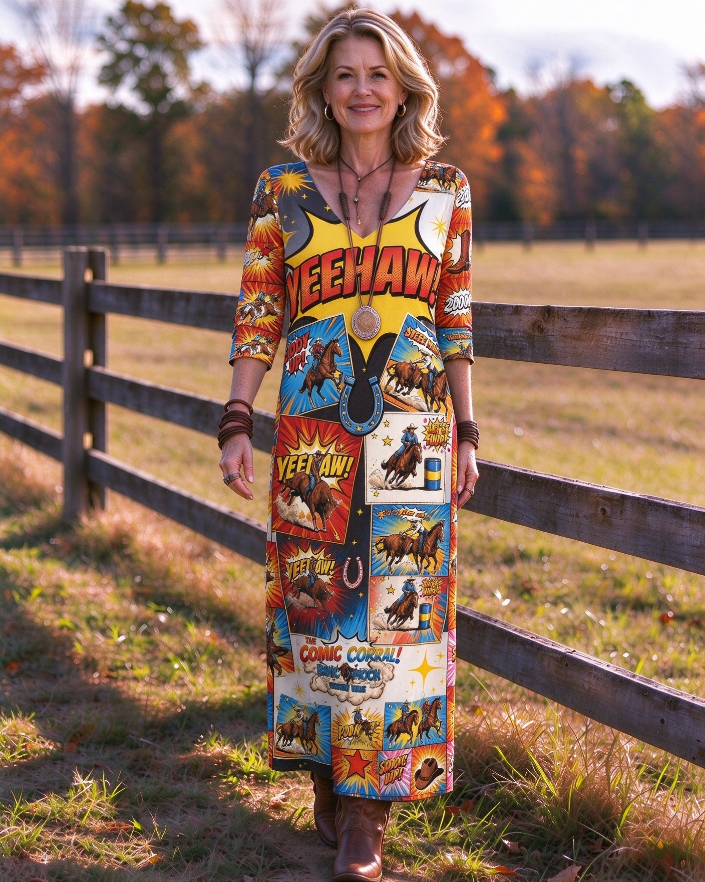 Comic Yeehaw Cowboy Western V-Neck Printed Dress | Allover Print