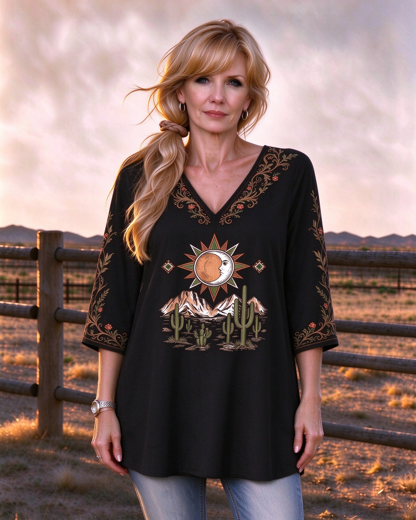 Sun, moon, human face, mountain peak, cactus pattern V-neck Western-style long top