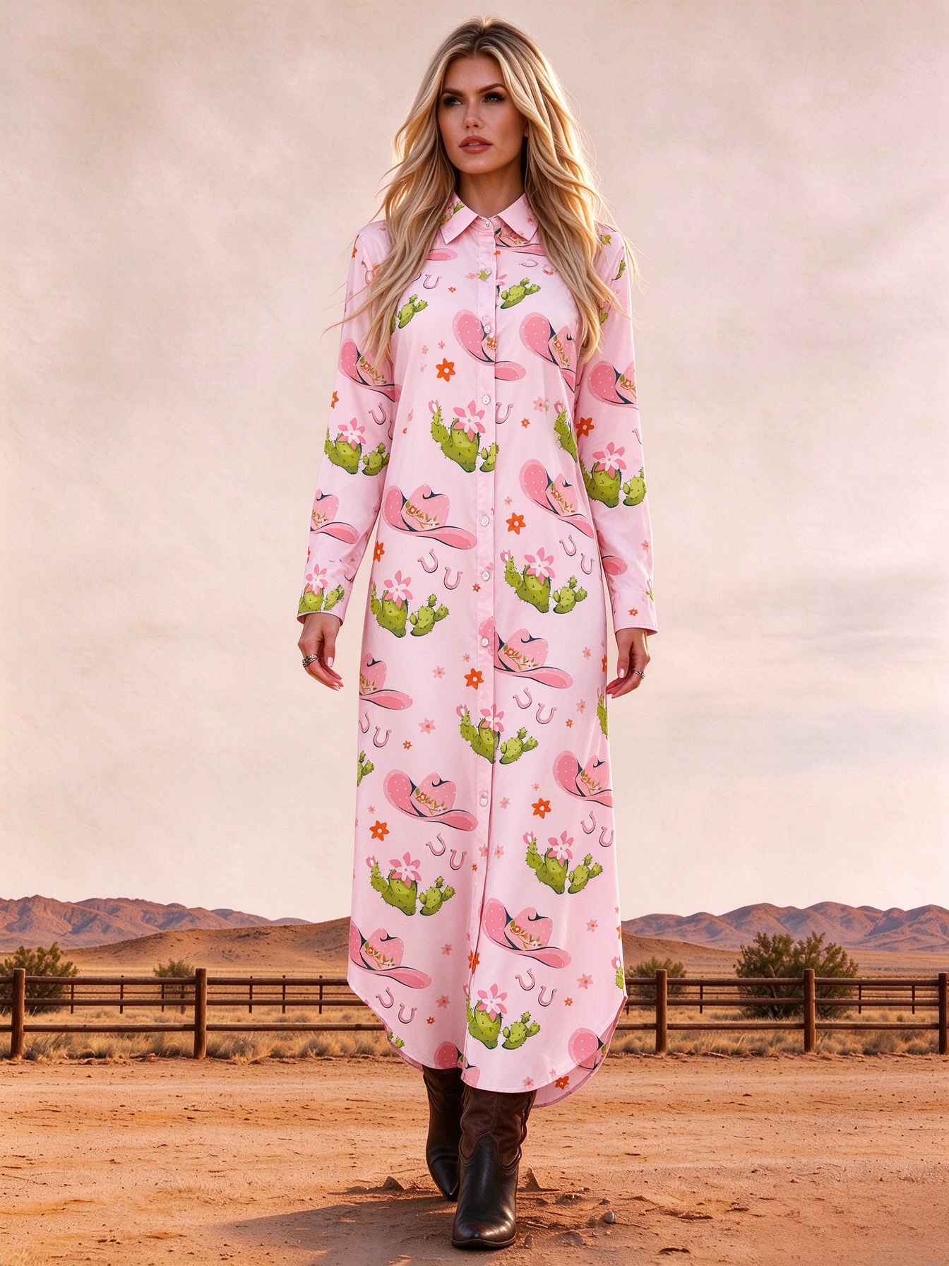 Pink Cactus Cowgirl Horseshoe Print Button-Down Maxi Dress