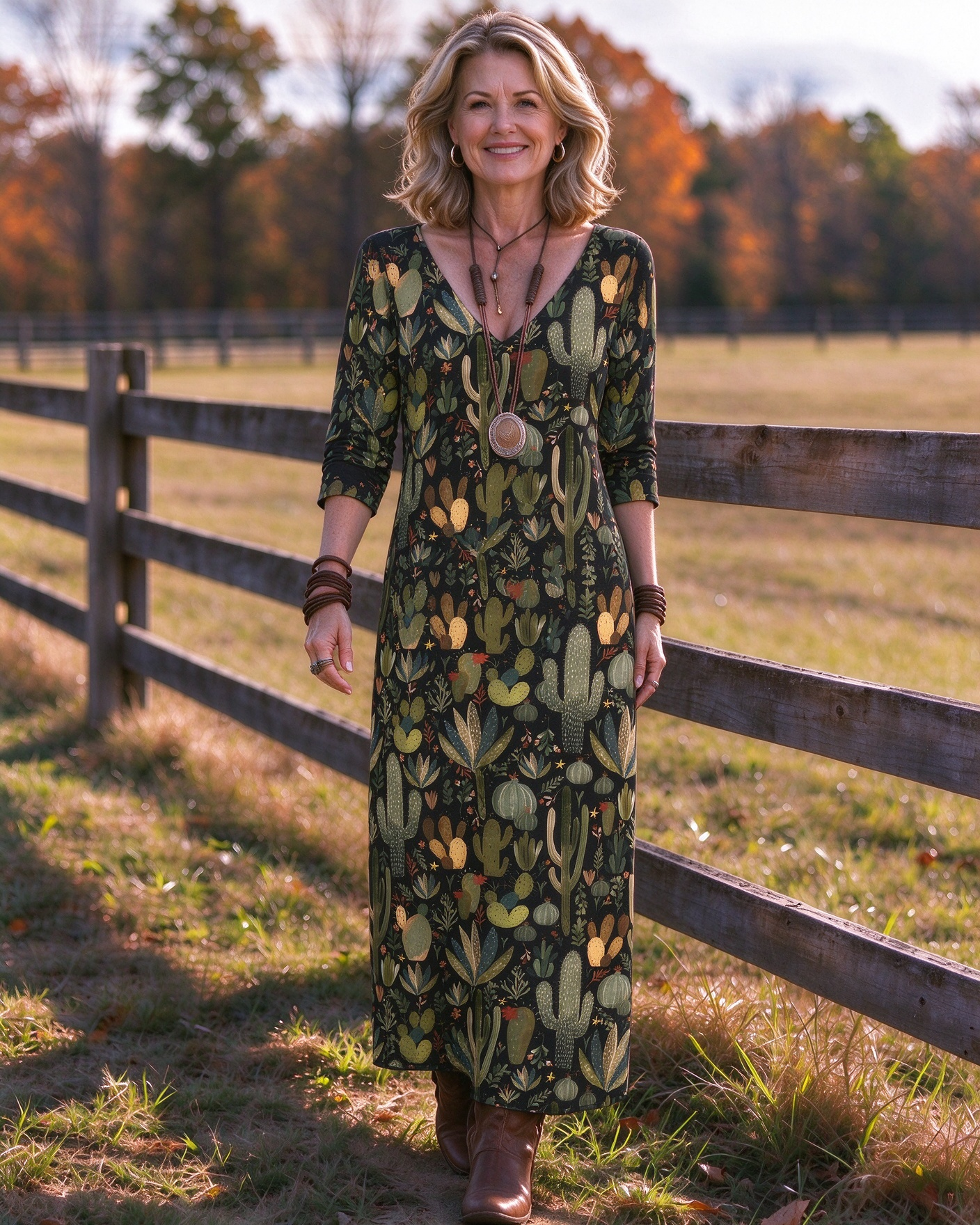 Dark Western Desert Succulent Cactus Print V-Neck Long Dress