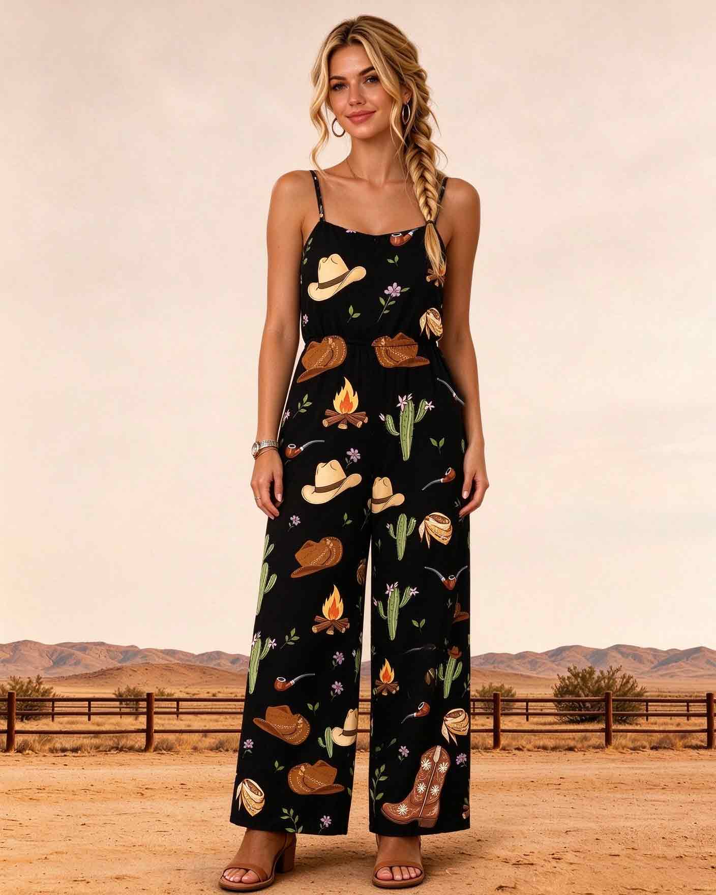Cowboy Hat & Boot Western Print Spaghetti Strap Wide Leg Women's Jumpsuit