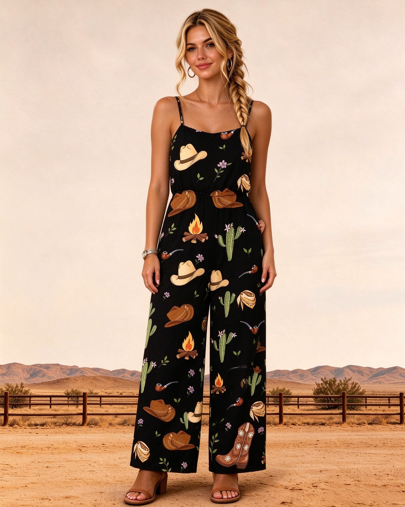 Cowboy Hat & Boot Western Print Spaghetti Strap Wide Leg Women's Jumpsuit