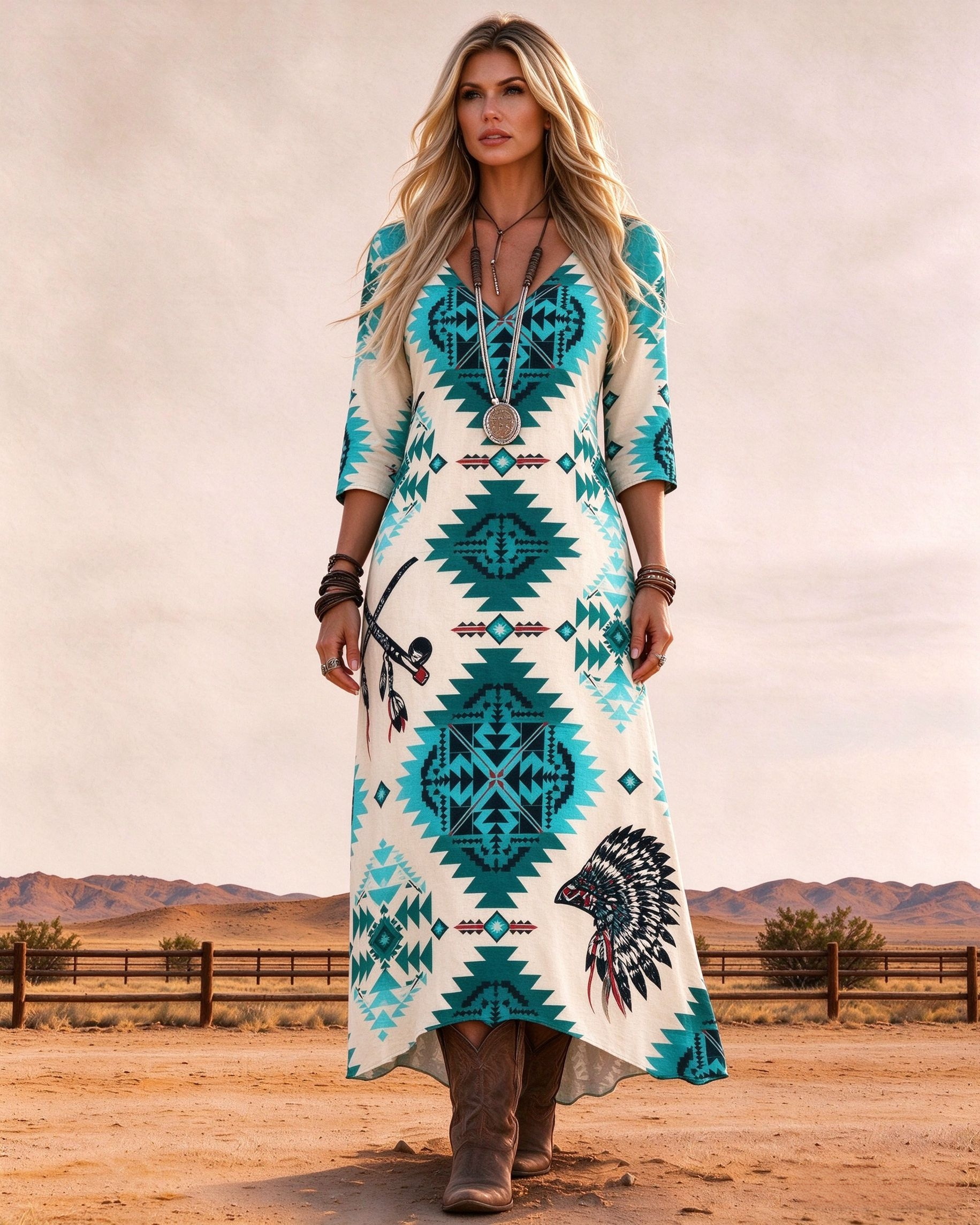 Southwestern tribal style geometric feather print V-neck long dress