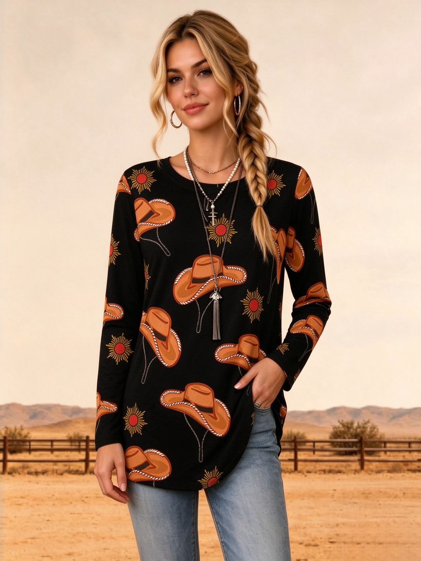 Western Cowboy Hat Sunflower Print Loose Casual Tunic Tops