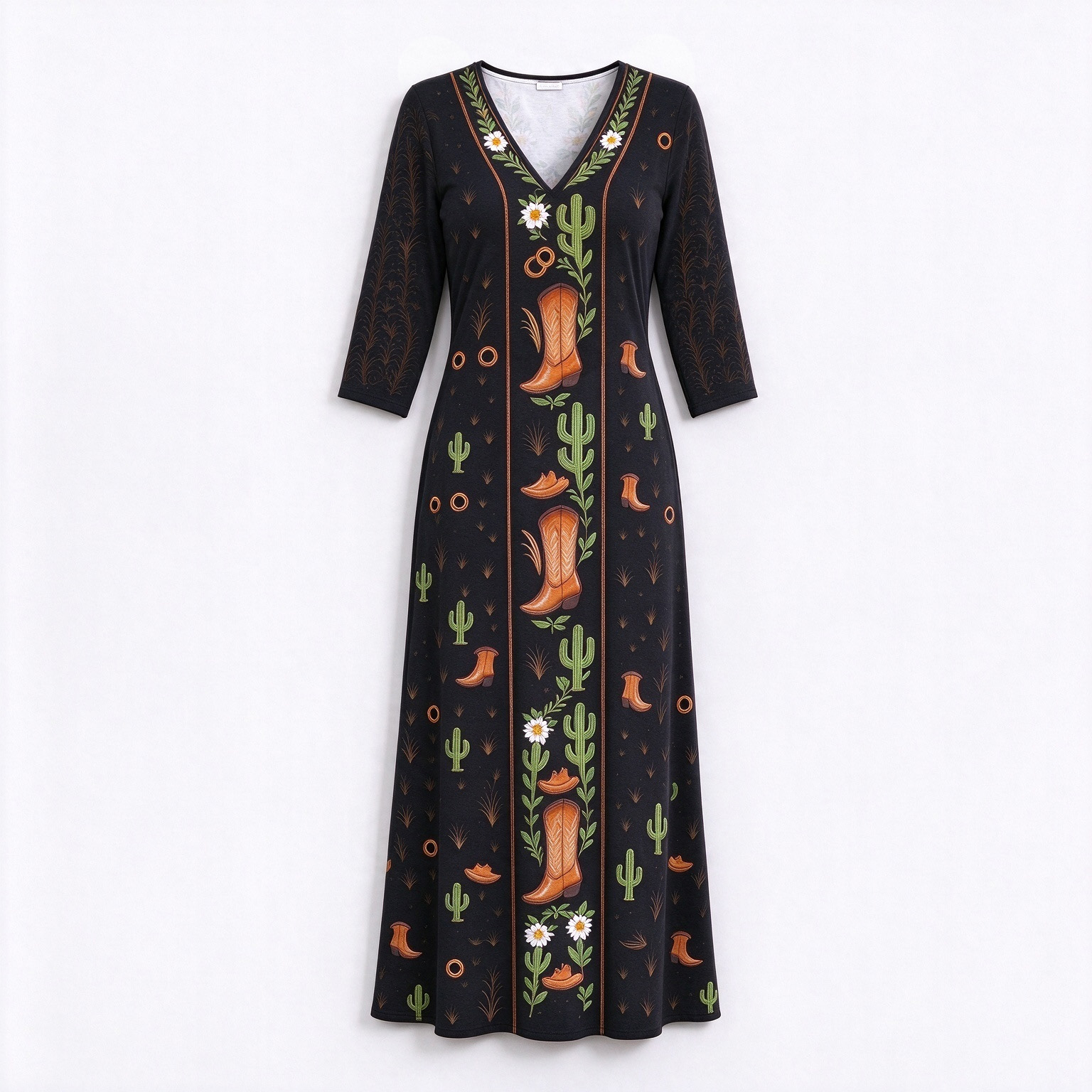 Ivory Western Cowboy Boot Cactus Botanical Panel V-neck long dress