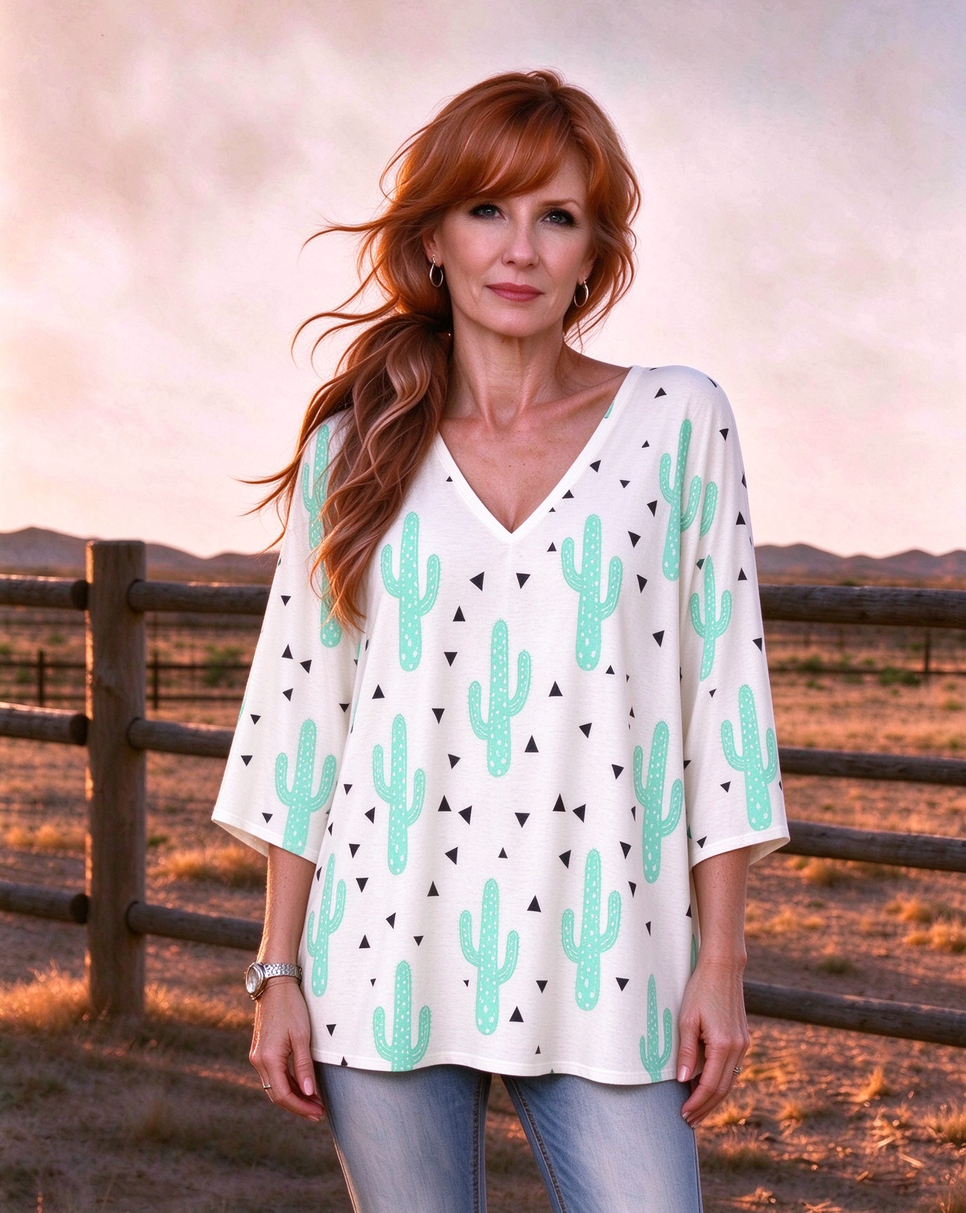 Cactus triangle print V-neck long top