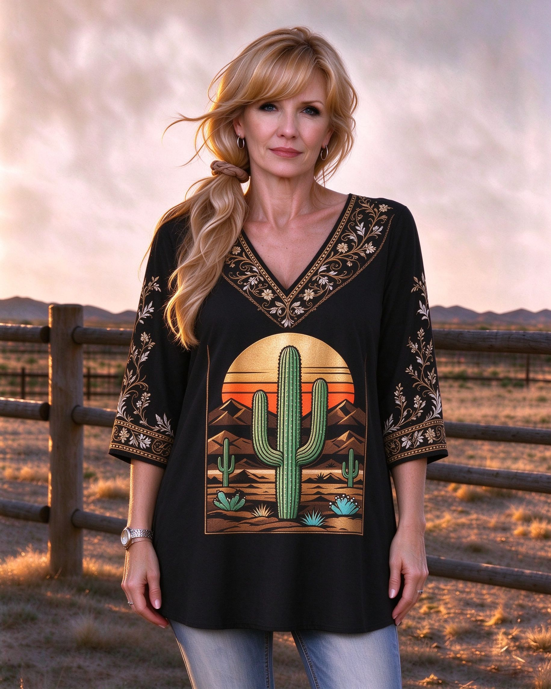 Cactus Desert Sunset Embroidered Southwest Vintage print V-neck Western-style long top