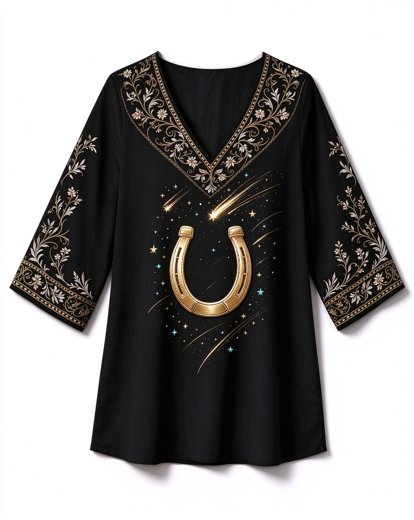 Horseshoe Embroidered Tunic  Celestial Western Boho Gold Star  print V-neck Western-style long top