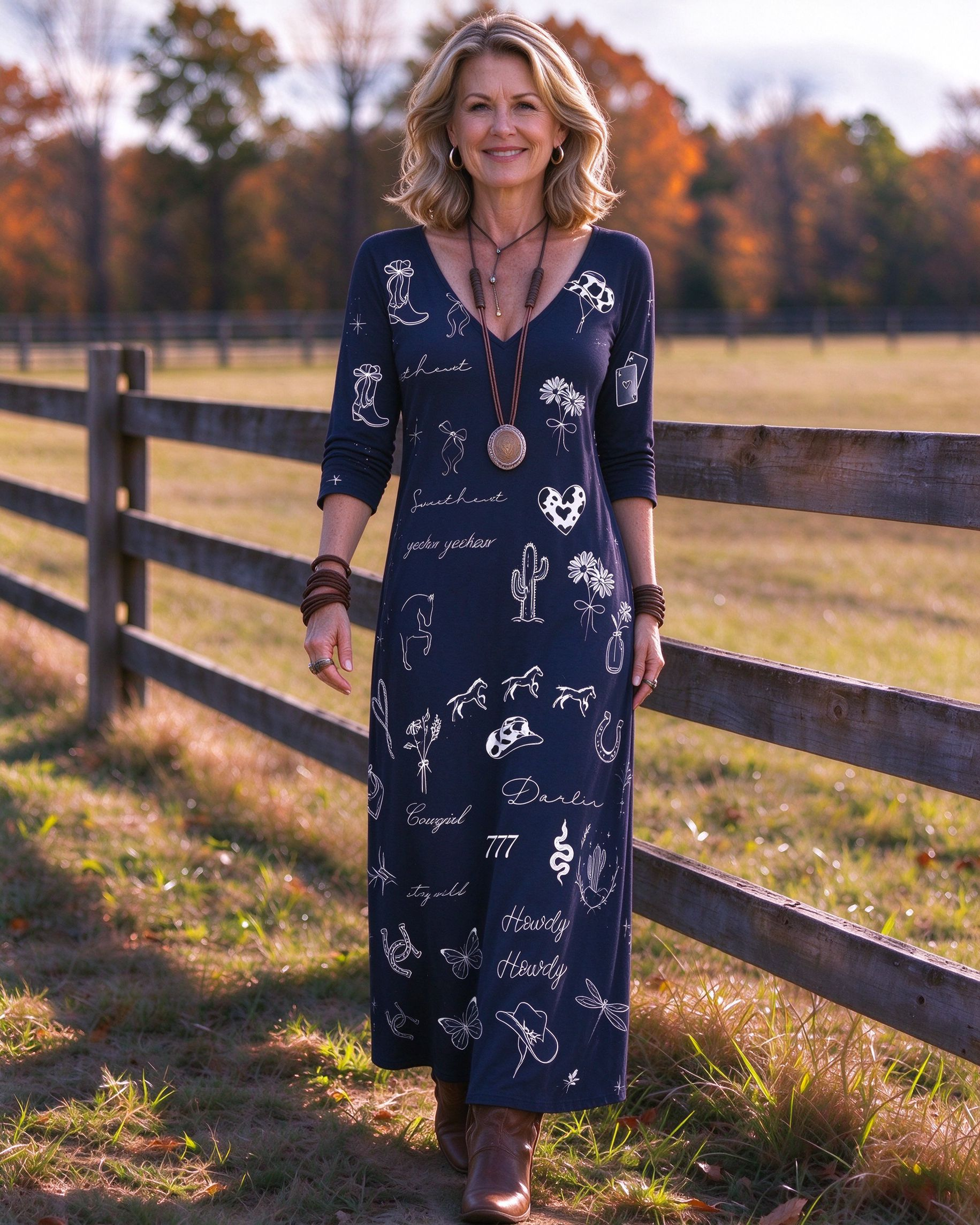 Western "Howdy & Cowgirl" Slogan Doodle Print V-neck Maxi Dress
