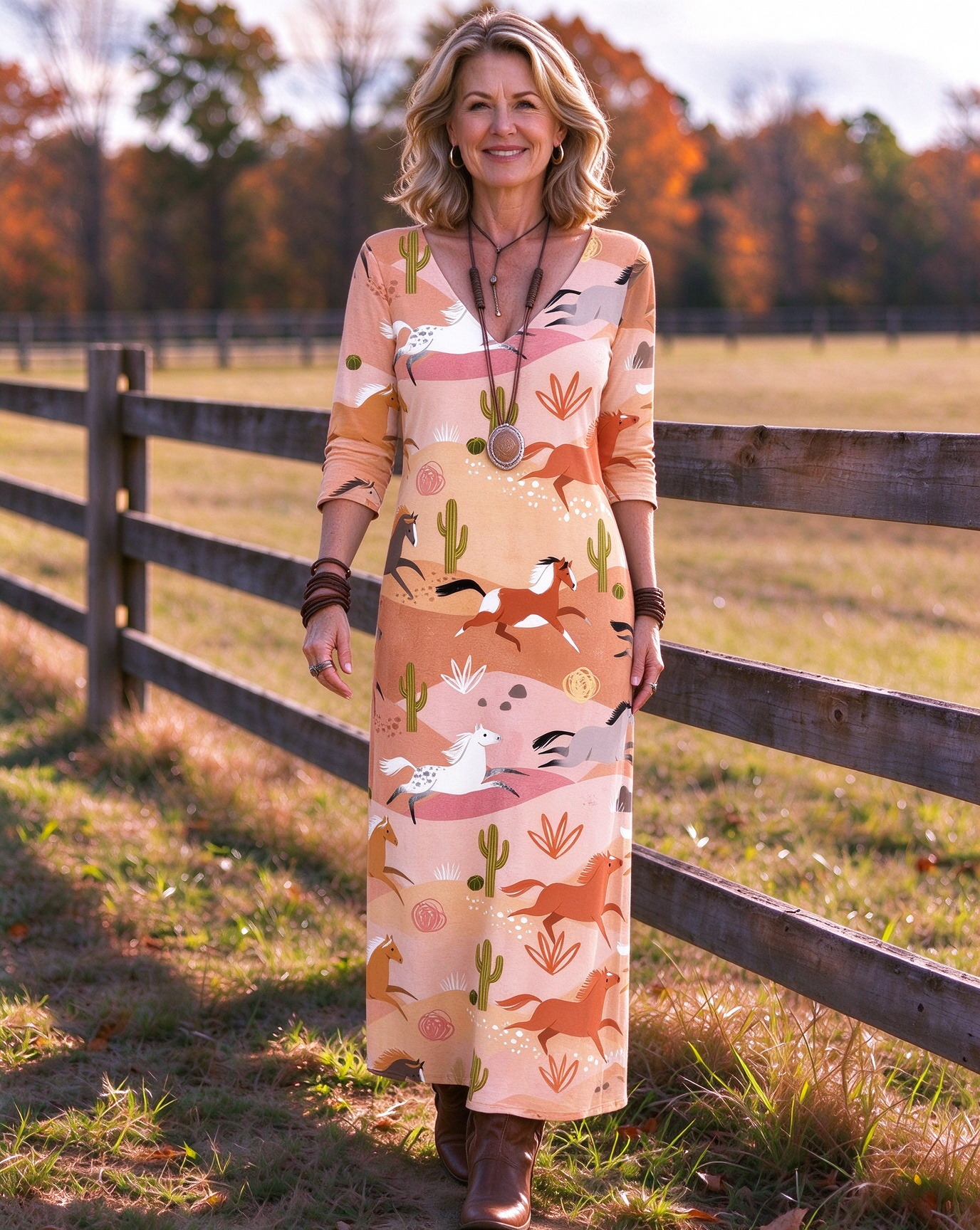 Desert Horse Cactus Landscape V-neck Long Dress