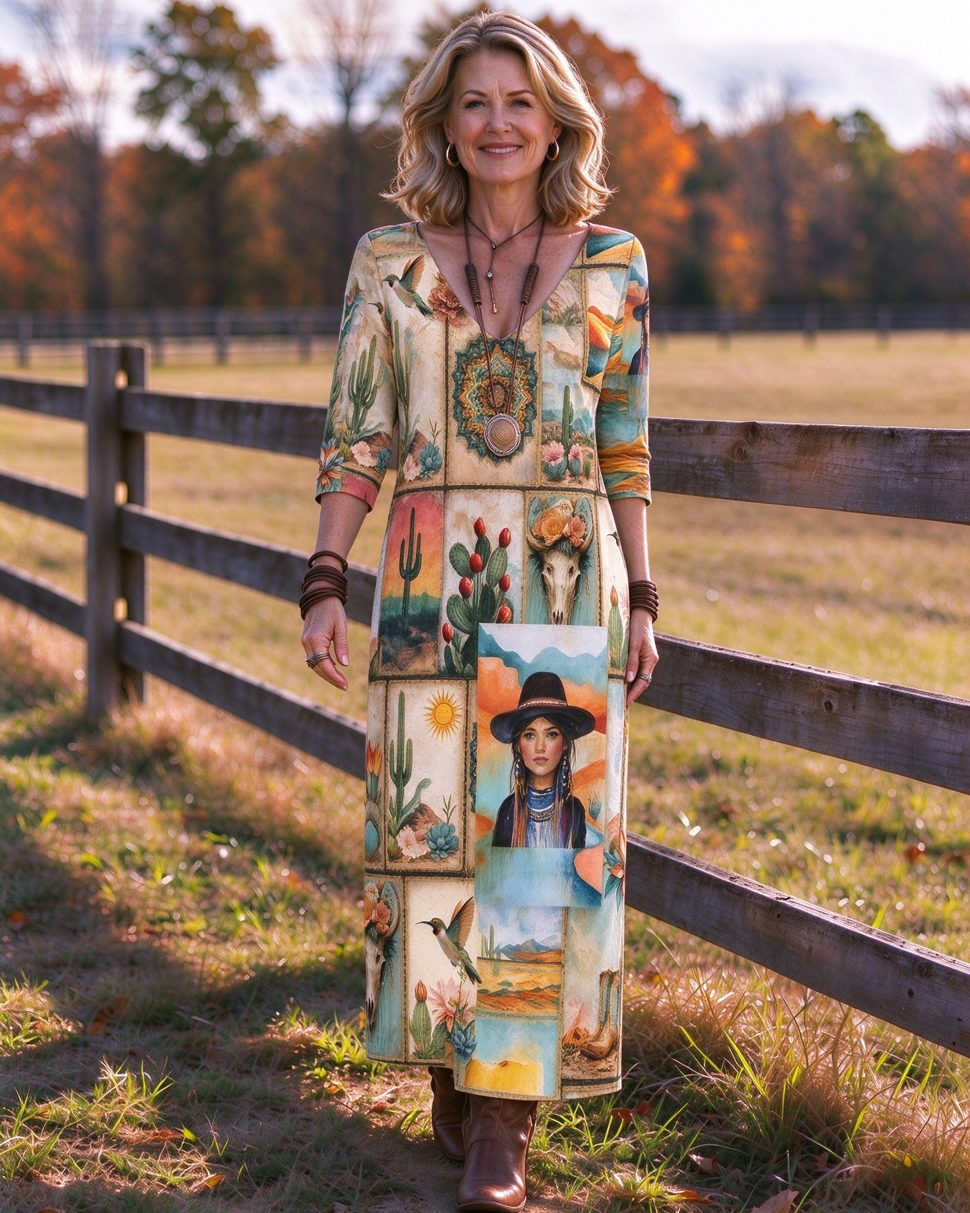 Vintage Postcard Collage Western V-Neck Printed Dress | Allover Print