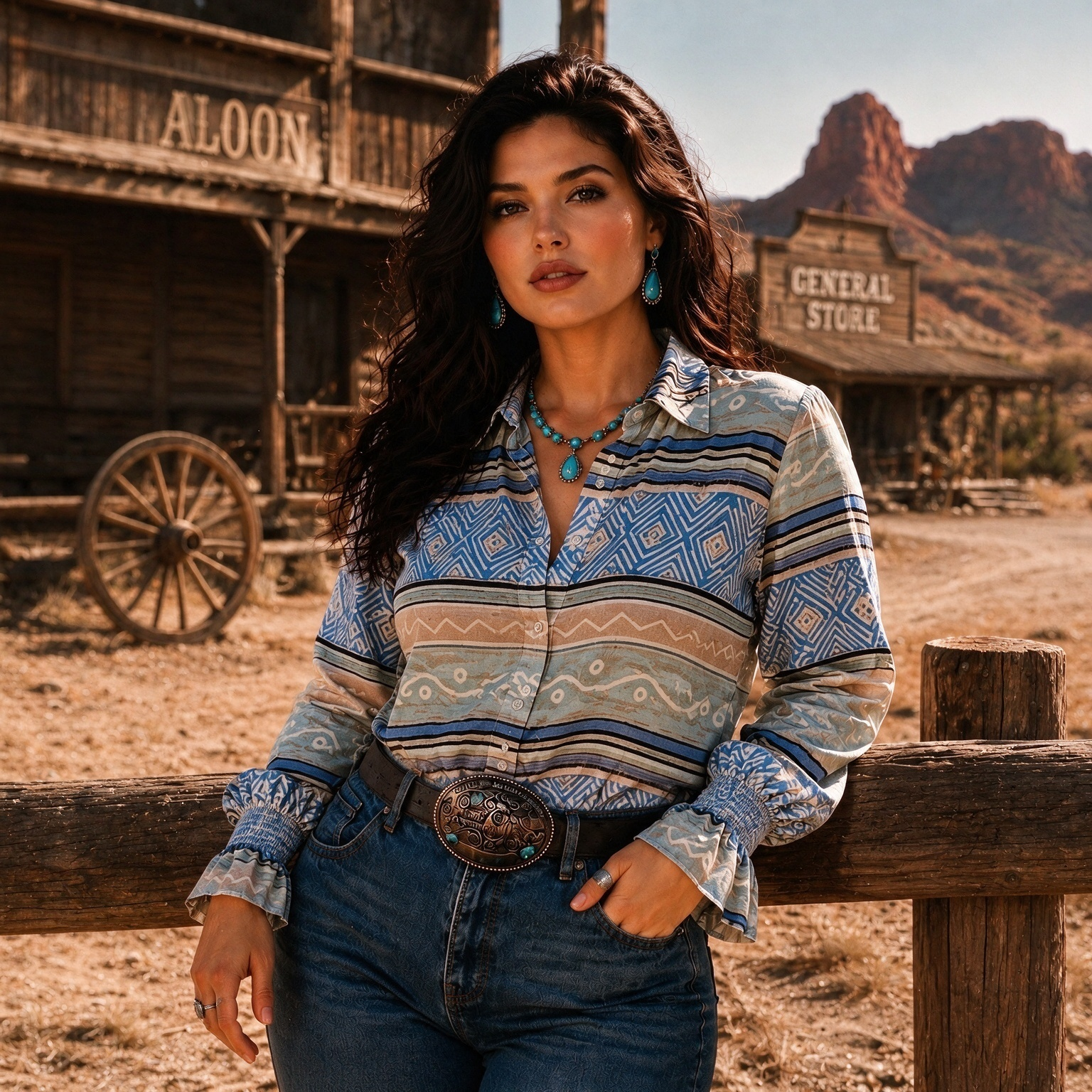 Vintage Western Navajo Geometric Stripe Print Collared Blouse, Smocked Ruffle Cuff Long Sleeve Shirt