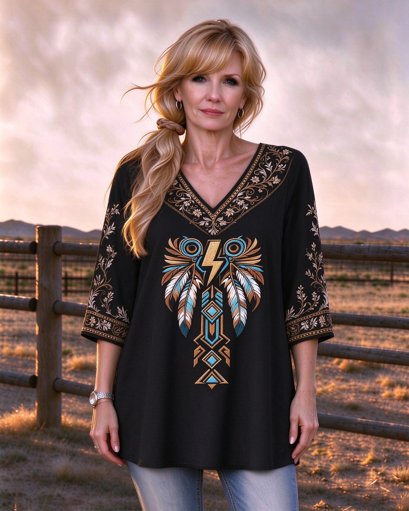 Owl feather lightning geometric print V-neck long top