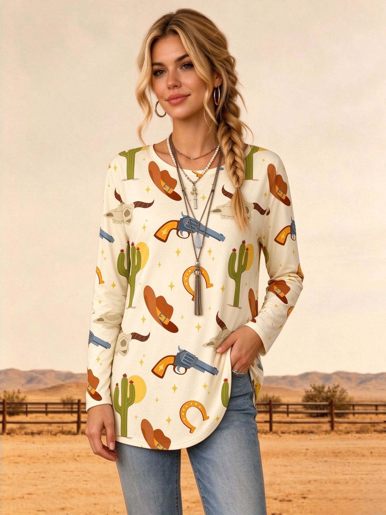 Cream Western Cowboy Desert Cactus Horseshoe Print Loose Casual Tunic Tops