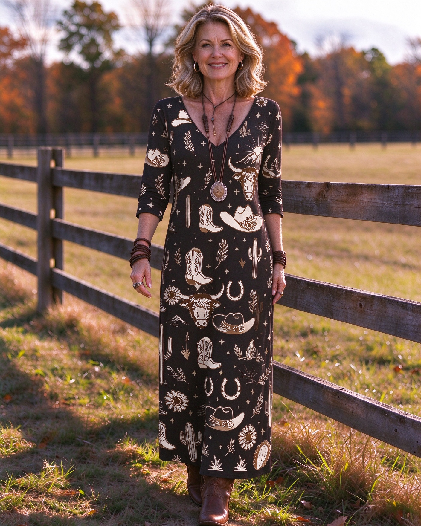 Western desert style bull's head cactus print V-neck long dress