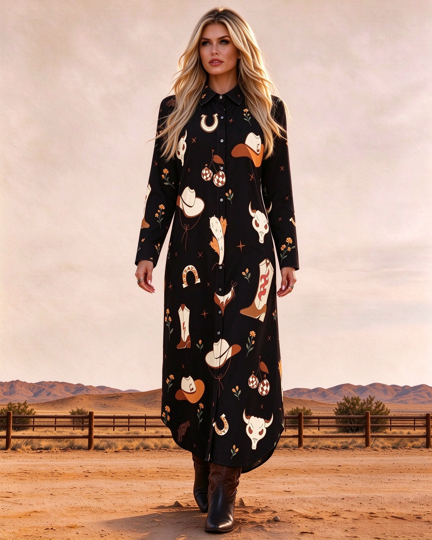 Western Cowboy Themed Print Long Sleeve Shirt Dress Maxi Length
