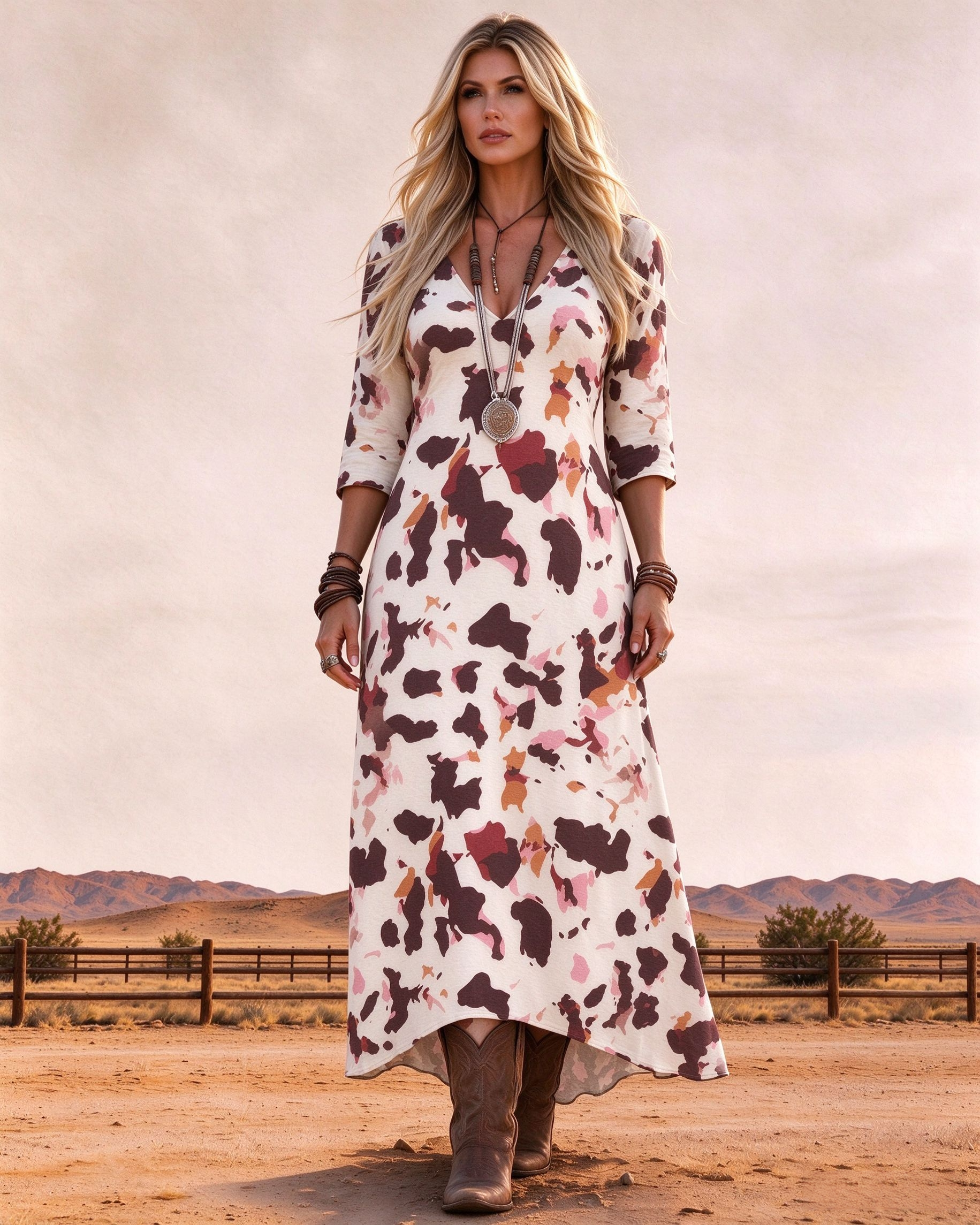 V-neck Western-style multi-colored cow print maxi dress