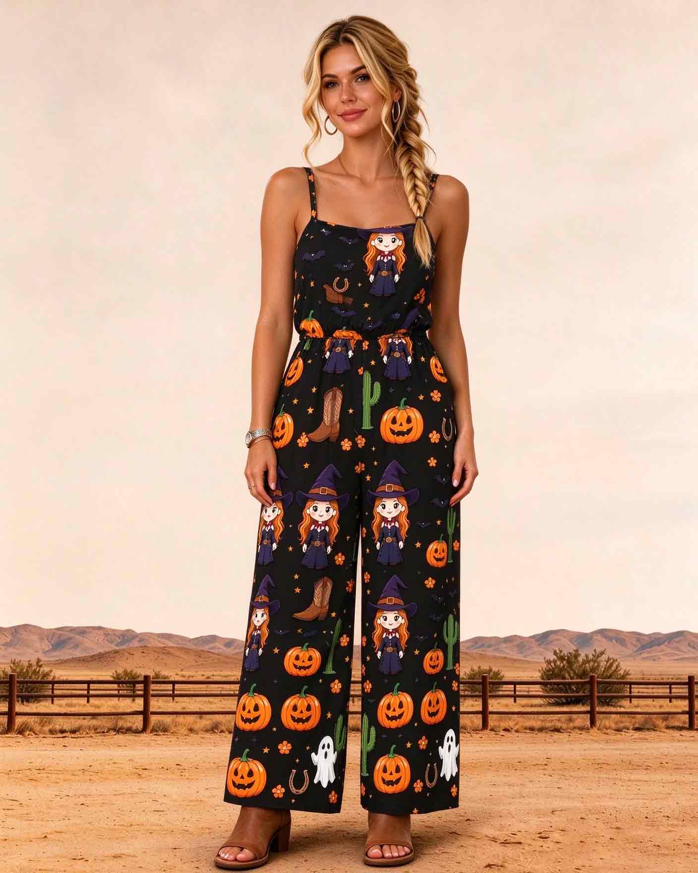 Spooky Western Halloween Pumpkin & Witch Print Jumpsuit