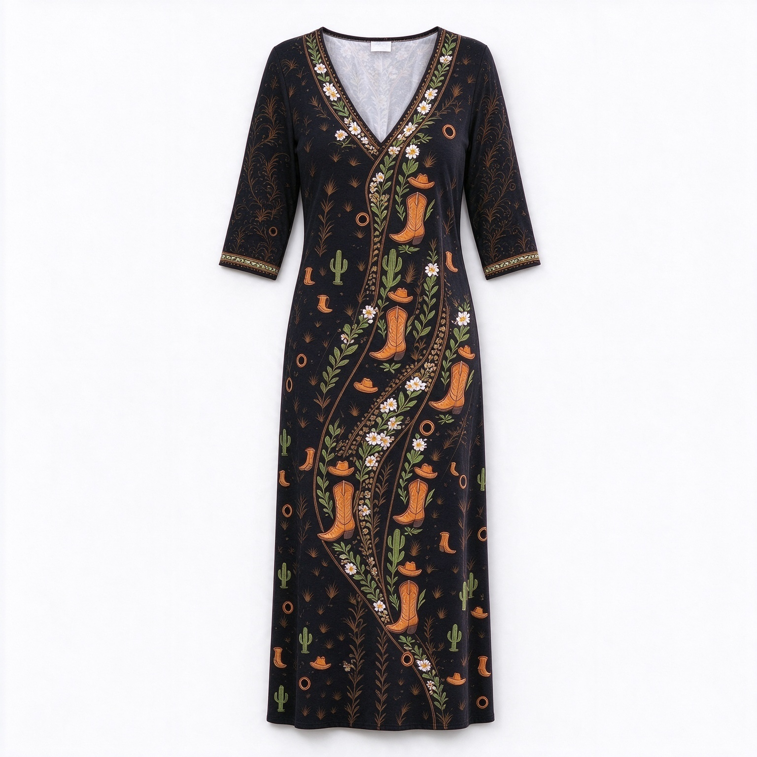 Cream Western Cowboy Boot Cactus Scarf Print V-neck high-low hem long dress