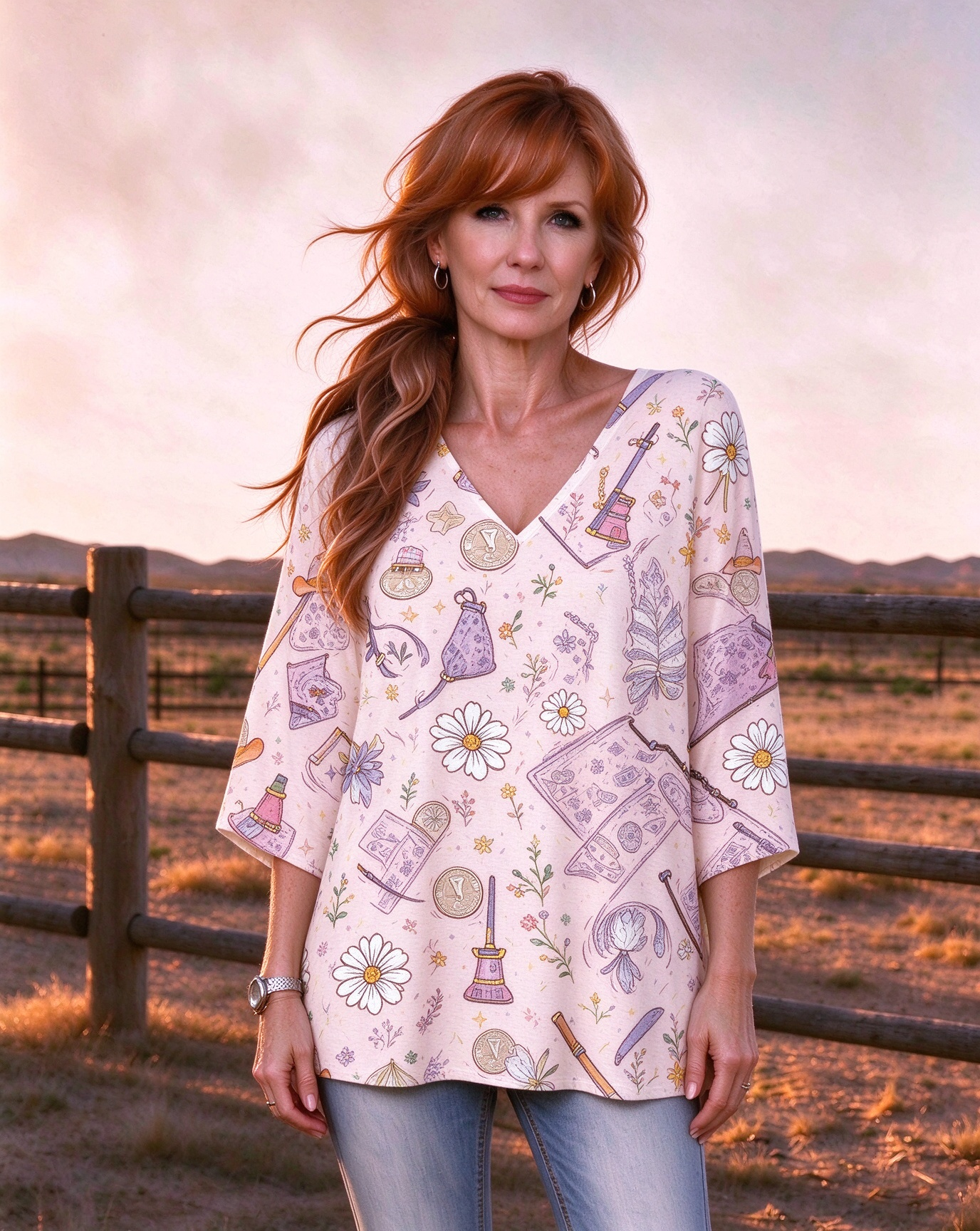 Magical Wizard Floral Print V-Neck Long Top