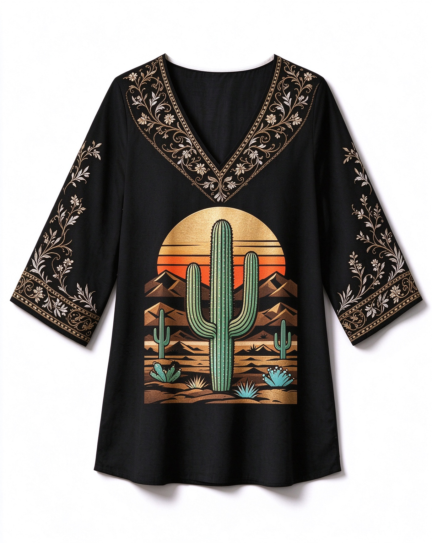 Cactus Desert Sunset Embroidered Southwest Vintage print V-neck Western-style long top