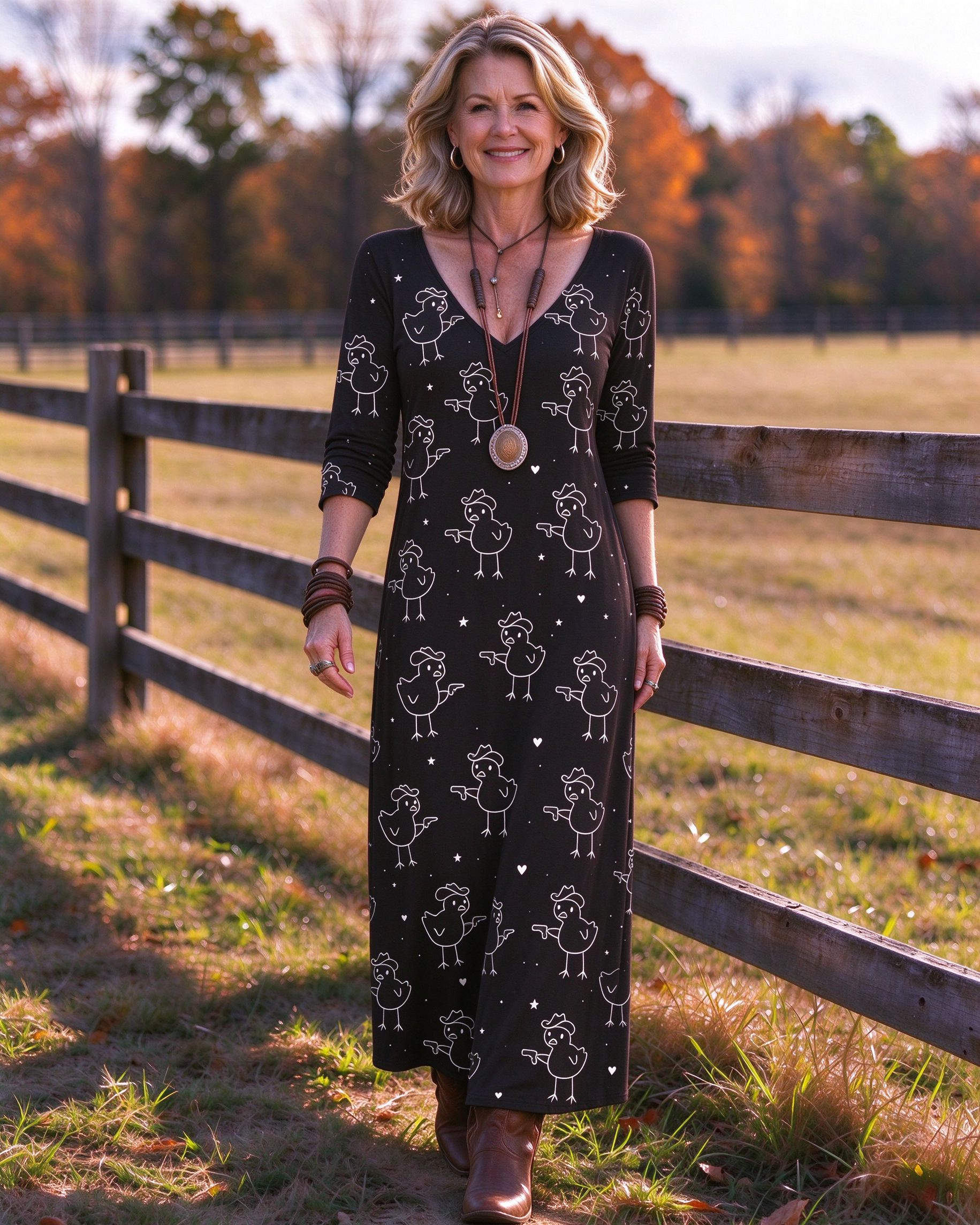 Novelty Funny Cowboy Chicken with Gun Print V-neck Maxi Dress
